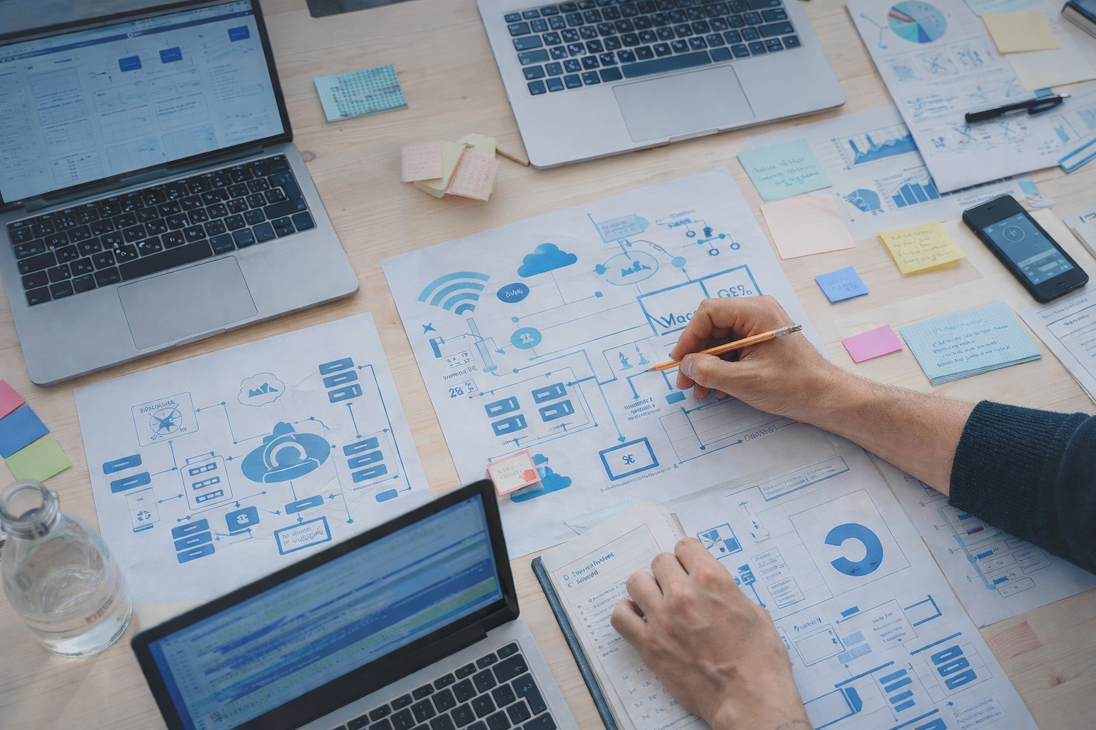Planung digitaler IT-Infrastruktur mit Laptops und Geräten im Schulumfeld
