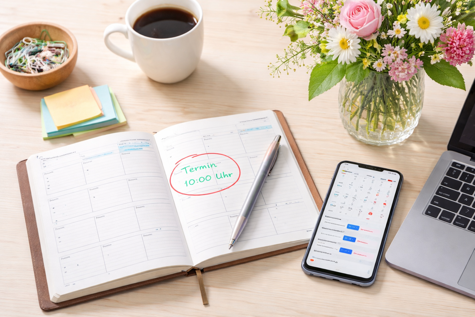 Kalender mit eingetragenem Termin neben Smartphone und Laptop auf einem Schreibtisch