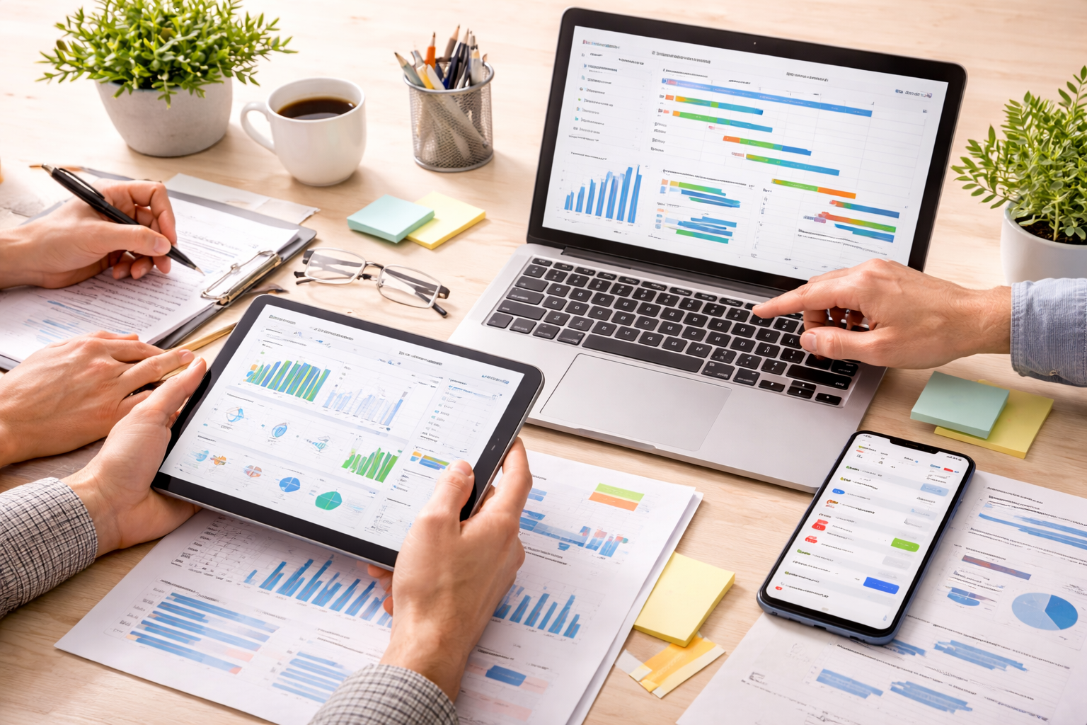 Arbeitsplatz mit Laptop, Tablet und Smartphone zur Planung und Umsetzung von IT-Projekten